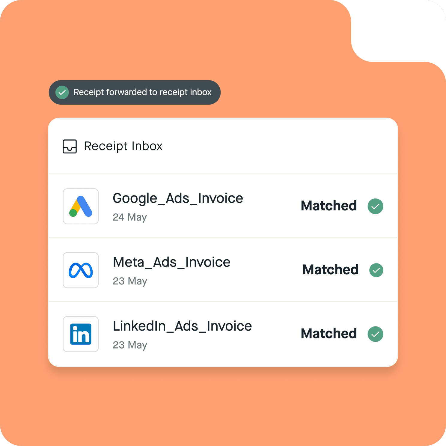 Pliant app matches transactions with receipts that are forwarded to receipt inbox